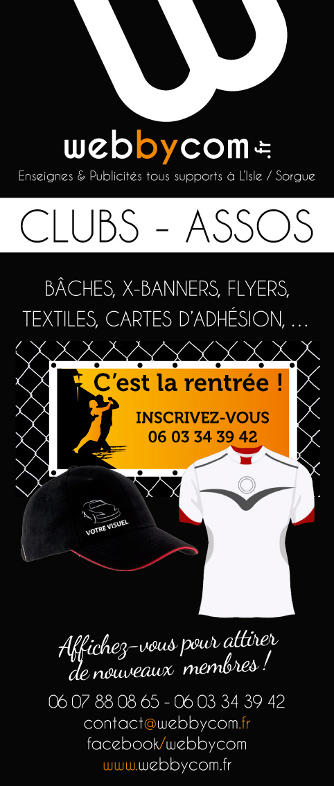 Bache, textile, flyers, cartes d'adhésion pour clubs et associations par Webbycom, communication tous supports à L'Isle sur la Sorgue